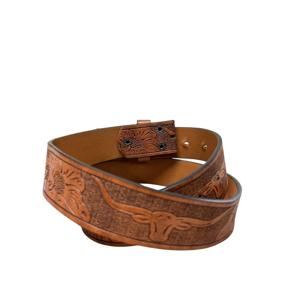 Western Floral Tooled Leather Belt Longhorn Steer Tan Brown Snap On No Buckle